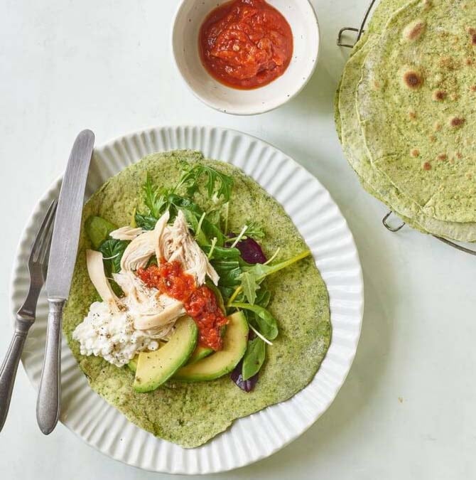 Spinattortilla med kylling og avocado