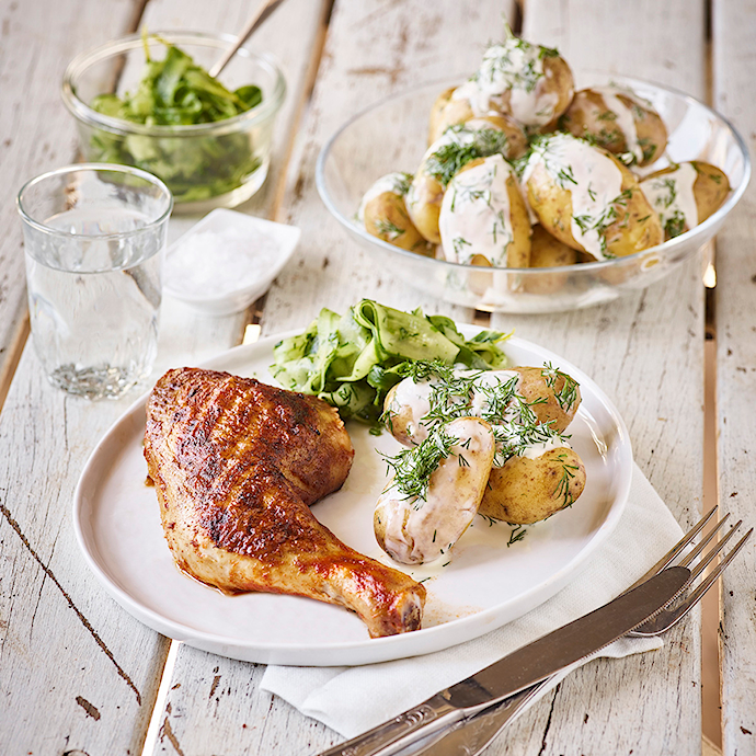 Barbecue lår med dild-kartoffelsalat