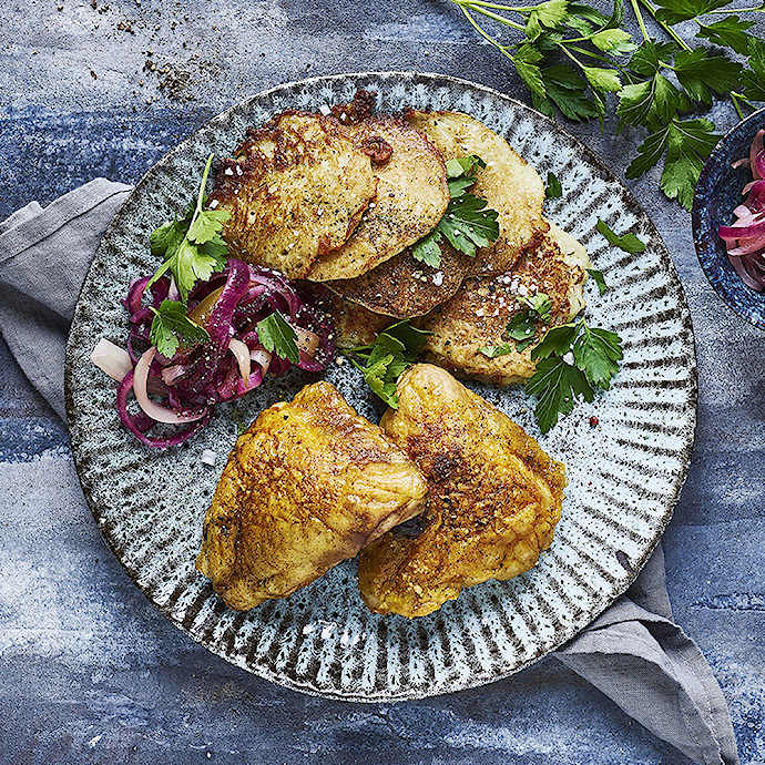 Kyllingeoverlår med kartoffelpandekager